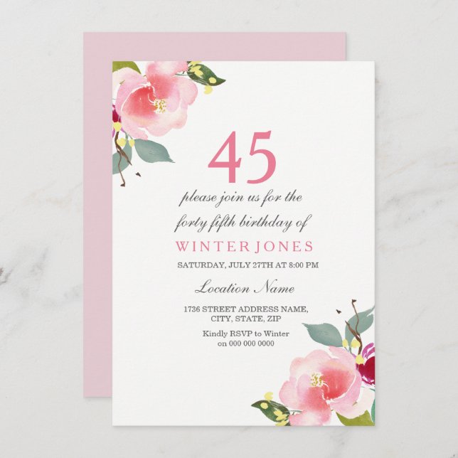 Elegant Pink Floral 45th Birthday Party Invitation (Front/Back)