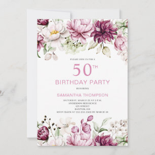 Elegant Pink Floral 50th Birthday Invitation