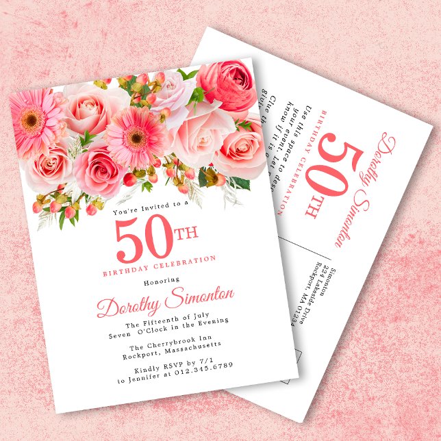 Elegant Pink Floral 50th Birthday Invitation Postcard (Creator Uploaded)