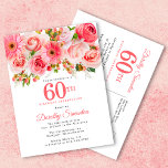 Elegant Pink Floral 60th Birthday Invitation Postcard<br><div class="desc">Roses, peonies and daises create pretty summer pink floral design. Buds and foliage add a rustic vibe. 60th is written in a large bold text. It can be changed for any year you wish. The birthday celebrant's name is written in an elegant script font. The postcard back provides room for...</div>