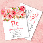 Elegant Pink Floral 70th Birthday Invitation Postcard<br><div class="desc">Roses, peonies and daises create pretty summer pink floral design. Buds and foliage add a rustic vibe. 70th is written in a large bold text. It can be changed for any year you wish. The birthday celebrant's name is written in an elegant script font. The postcard back provides room for...</div>