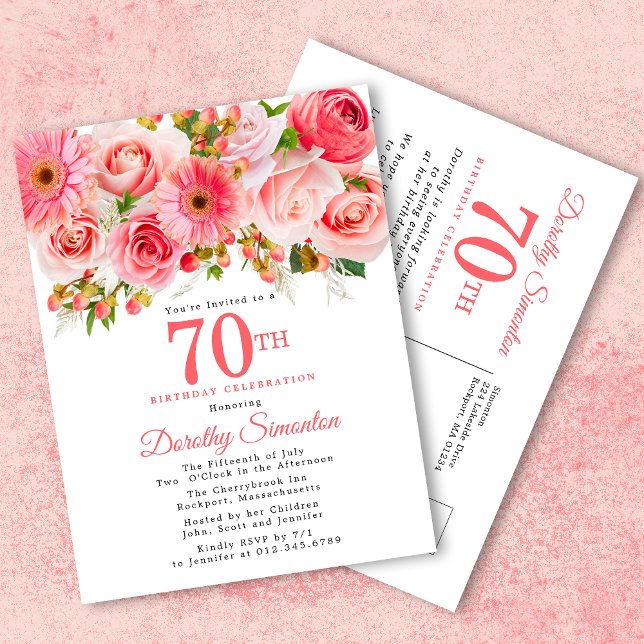 Elegant Pink Floral 70th Birthday Invitation Postcard (Creator Uploaded)