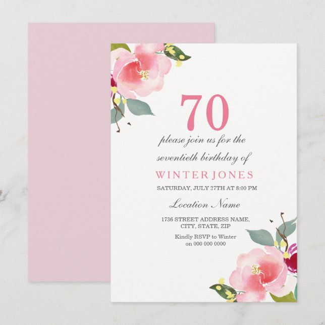 Elegant Pink Floral 70th Birthday Party Invitation (Front/Back)