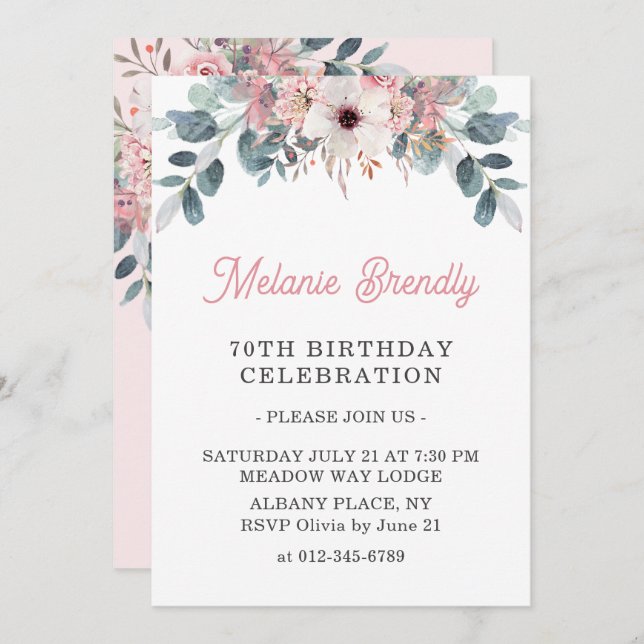 Elegant Pink Floral 70th Birthday Party Invite (Front/Back)