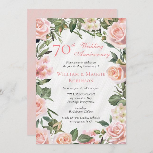 Elegant Pink Floral 70th Wedding Anniversary Party Invitation (Front/Back)