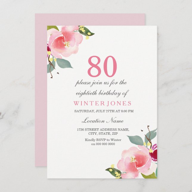 Elegant Pink Floral 80th Birthday Party Invitation (Front/Back)