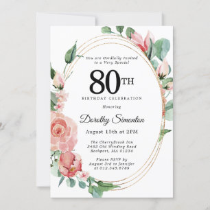 Elegant Pink Floral 80th Birthday Party Invitation