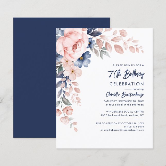 Elegant Pink Floral 80th Birthday Party Invitation (Front/Back)