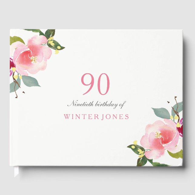 Elegant Pink Floral 90th Birthday Party Guest Book (Front)