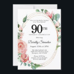 Elegant Pink Floral 90th Birthday Party Invitation<br><div class="desc">Soft pink roses create a beautiful floral design on this elegant birthday invitation. The pink roses are nestled in deep green leaves. The roses and leaves decorated a chic multi-strand gold frame. The back of the invitation is pink. This invitation is part of the Elegant Pink Floral Collection. It contains...</div>