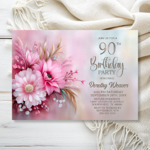 Elegant Pink Floral 90th Birthday Party Invitation