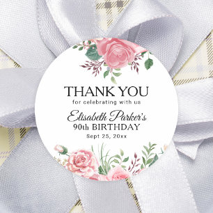 Elegant pink floral 90th birthday thank you classic round sticker