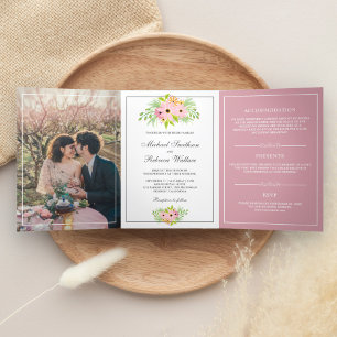 Elegant Pink Floral All in One Photo Wedding Tri-Fold Invitation