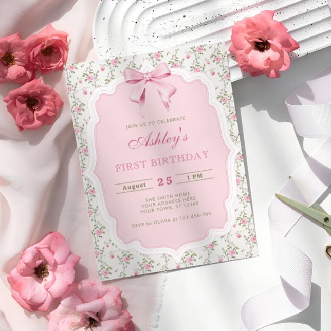 Elegant Pink Floral and Bow Girl Birthday Invitation (Creator Uploaded)