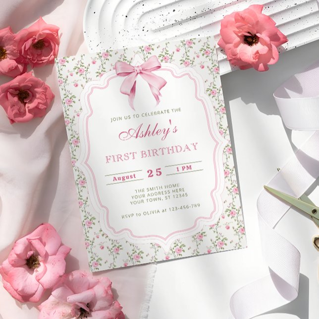 Elegant Pink Floral and Bow Girl Birthday Invitation (Creator Uploaded)