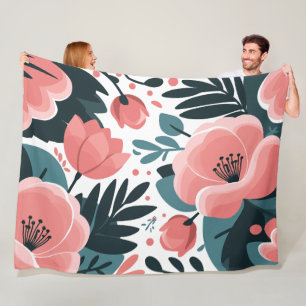 Elegant Pink Floral and deep Green leaves Fleece Blanket