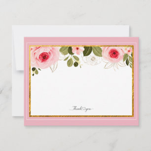 Elegant Pink Floral and Gold Frame "Thank You" Card