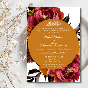 Elegant Pink Floral and Gold Islamic Wedding Invitation