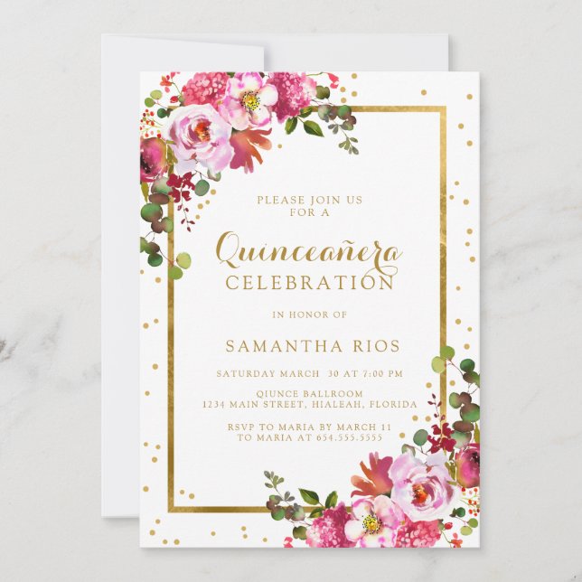 Elegant Pink Floral and Golden Frame Quinceanera Invitation (Front)