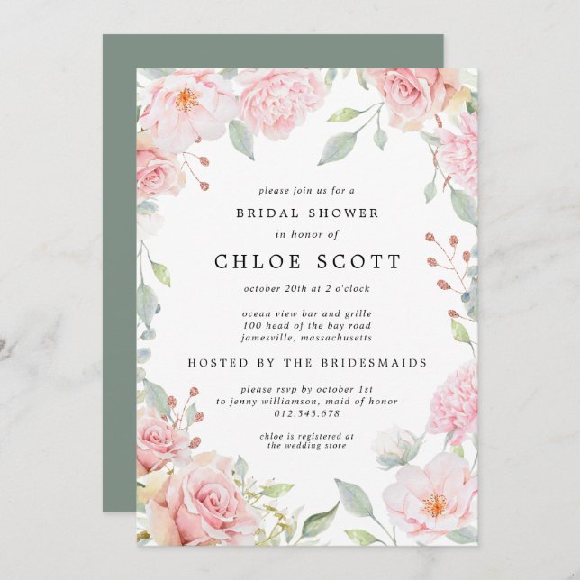 Elegant Pink Floral and Rose Gold Bridal Shower Invitation (Front/Back)