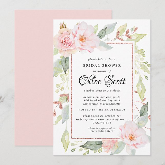Elegant Pink Floral and Rose Gold Bridal Shower Invitation (Front/Back)