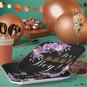 Elegant Pink Floral Baby Boy Shower Party Square Paper Plate