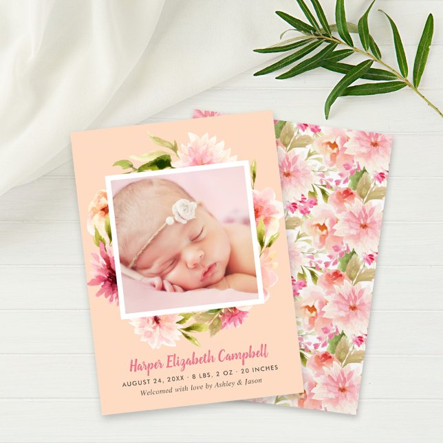 Elegant Pink Floral Baby Girl Photo Peach Birth Announcement (Creator Uploaded)