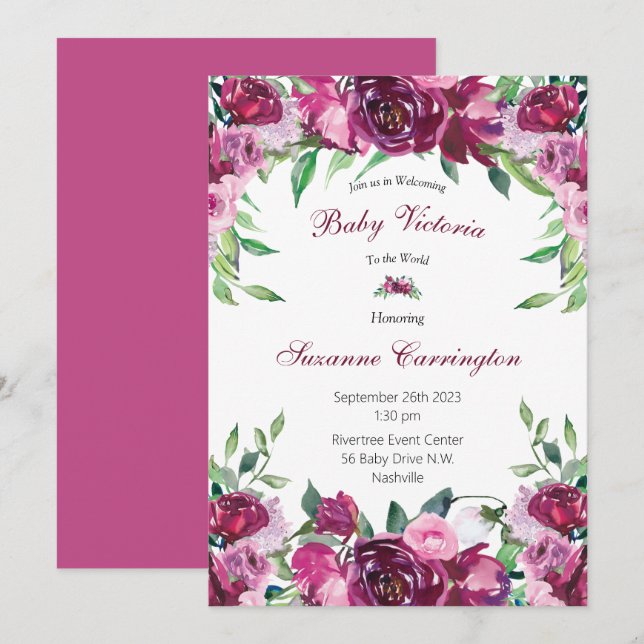 Elegant Pink Floral Baby Girl Script Baby Invitation (Front/Back)
