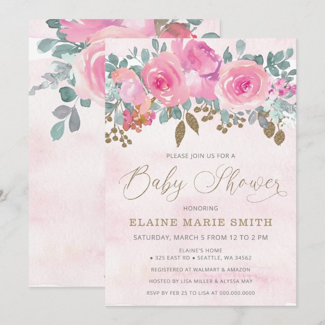 Elegant Pink Floral Baby in Bloom Baby Shower  Invitation (Front/Back)