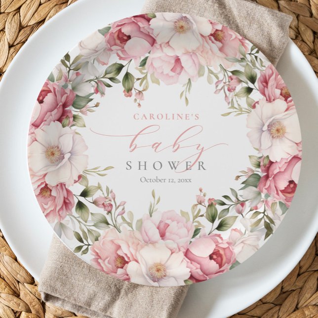 Elegant Pink Floral Baby In Bloom Girl Baby Shower Paper Plate (Creator Uploaded)