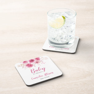 Elegant Pink Floral Baby Shower  Coaster