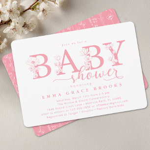 Elegant Pink Floral Baby Shower Typography Invitation