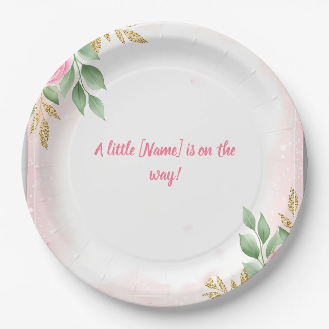 Elegant Pink Floral Baby Shower with Rose and Gold Paper Plate (Front)