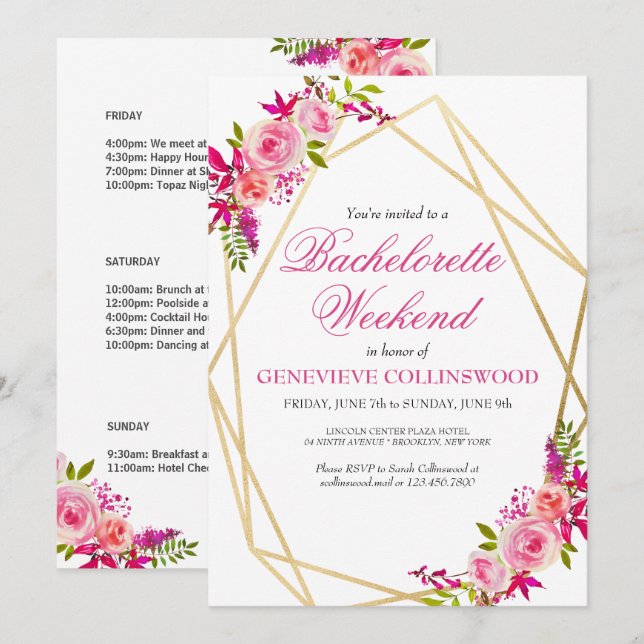 Elegant PInk Floral Bachelorette Weekend Itinerary Invitation (Front/Back)