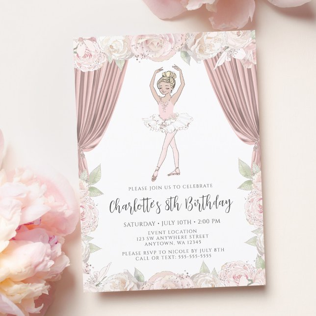Elegant Pink Floral Ballerina Blonde Girl Birthday Invitation (Creator Uploaded)
