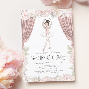 Elegant Pink Floral Ballerina Brown Hair Birthday Invitation