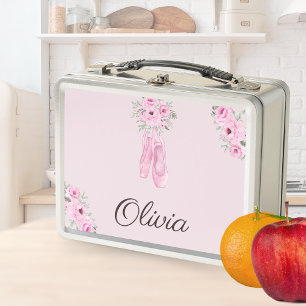 Elegant Pink Floral Ballerina Personalized Name Metal Lunch Box