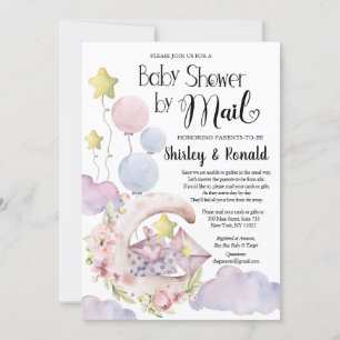 Elegant Pink Floral Balloons Baby Shower by Mail Invitation
