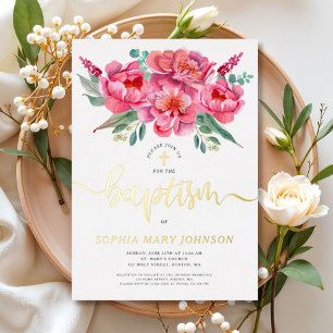 Elegant Pink Floral Baptism Gold Foil Invitation