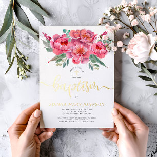 Elegant Pink Floral Baptism Gold Foil Invitation