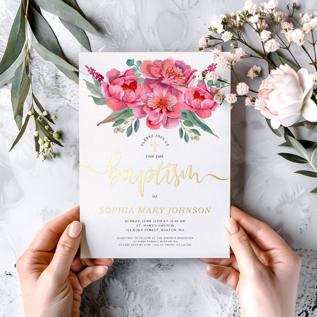 Elegant Pink Floral Baptism Gold Foil Invitation (Elegant Pink Floral Baptism Gold Foil Invitation)