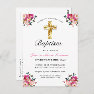 Elegant PInk Floral Baptism Invitation Postcard