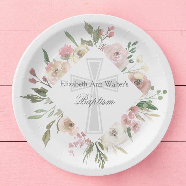 Elegant Pink Floral Baptism Religious Custom Party Paper Plate (Creator Uploaded)