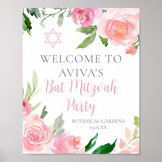 Elegant Pink Floral Bat Mitzvah Party Custom Poster (Front)