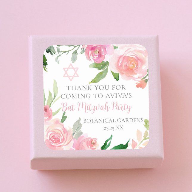 Elegant Pink Floral Bat Mitzvah Party Custom Square Sticker (Creator Uploaded)
