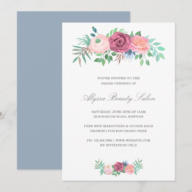 Elegant Pink Floral Beauty Salon Grand Opening Invitation (Front/Back)