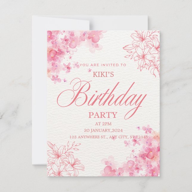 Elegant Pink Floral Birthday Invitation (Front)