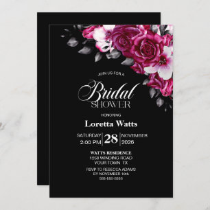 Elegant Pink Floral Black Bridal Shower Invitation