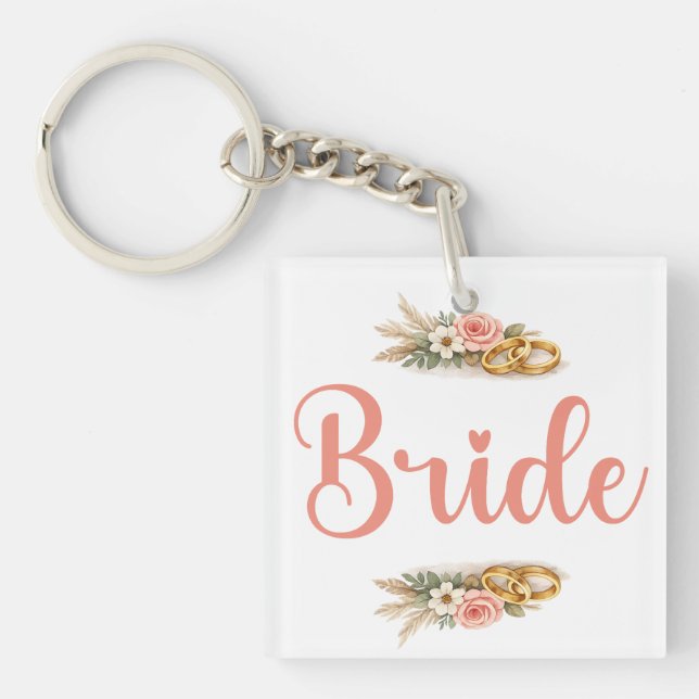 Elegant Pink Floral Boho Bride Fiance Gift Key Ring (Front)