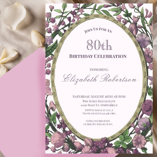 Elegant Pink Floral Border Women's 80th Birthday Invitation